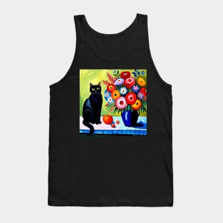 Black Cat and Floral Vase Modern Still Life Painting Tank Top